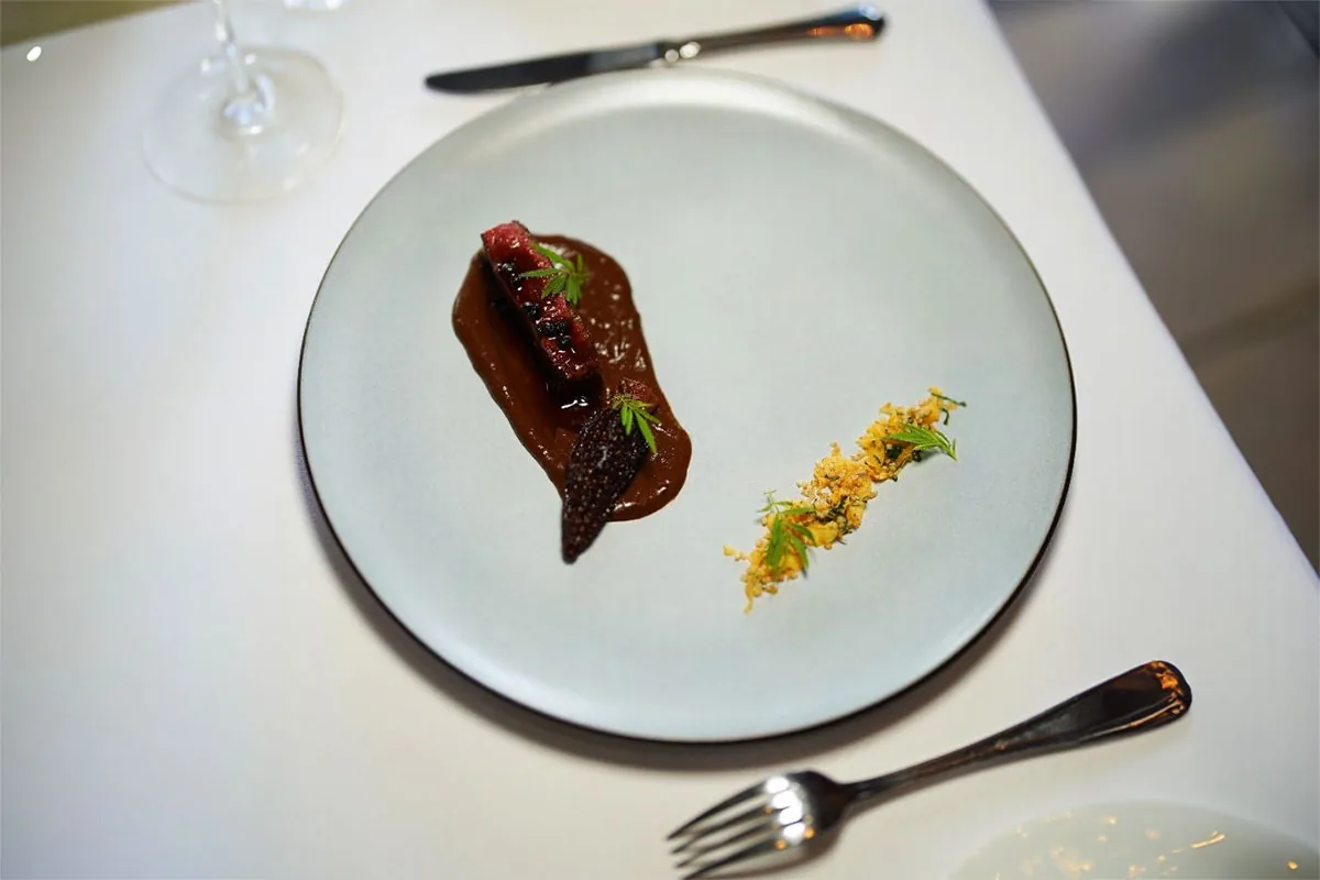 Fleisch mit Sauce, angerichtet